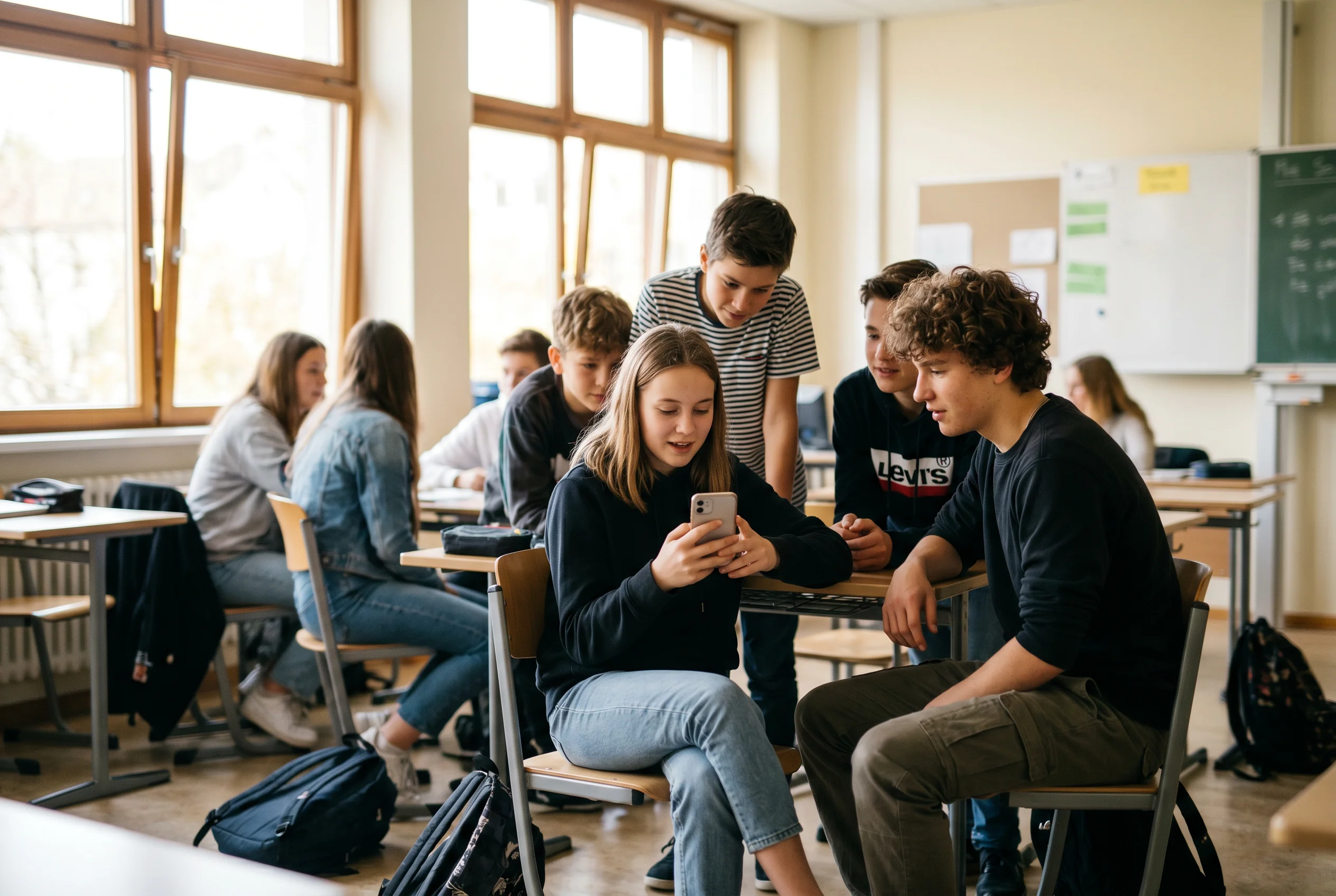 Skupina teenagerů ve školní třídě, jeden ze studentů drží v ruce chytrý telefon