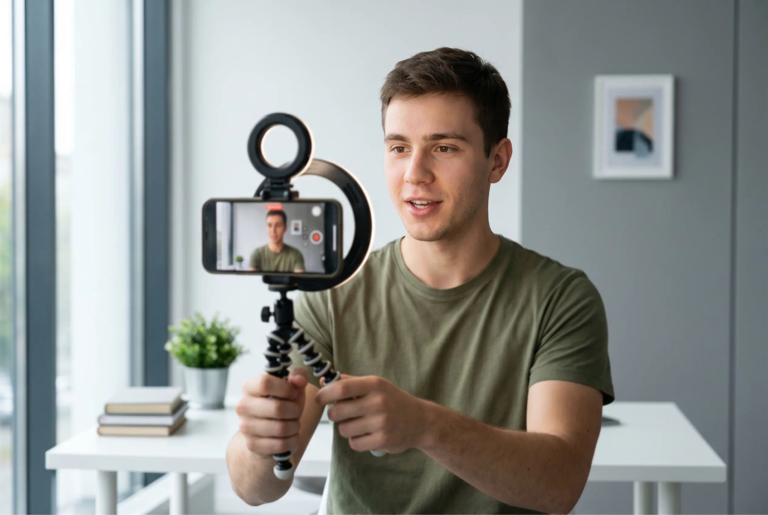 Mladý muž natáčí video na chytrý telefon upevněný na stativu, před ním rozsvícený ring light