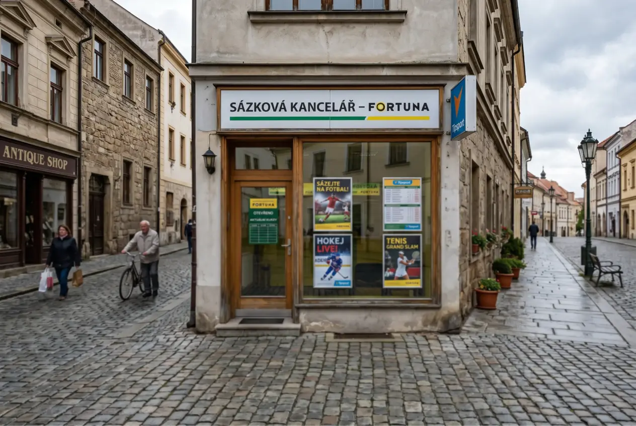 Exteriér kamenné pobočky sázkové kanceláře na české ulici s výlohou