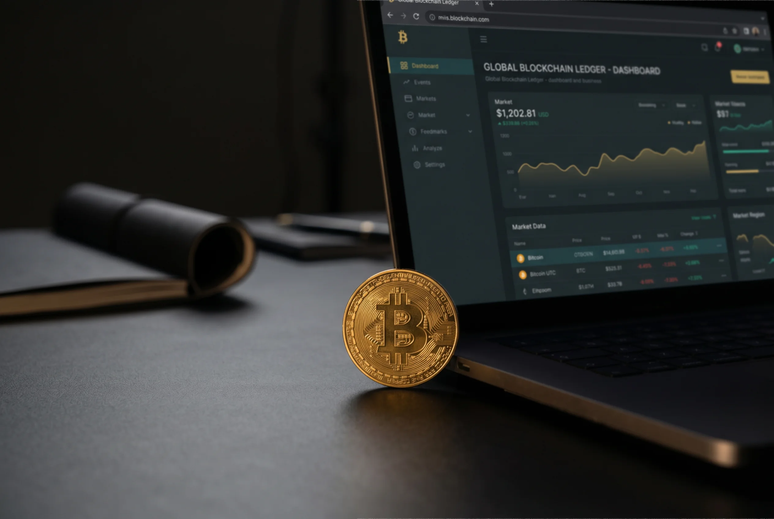 Fyzická mince bitcoin položená na tmavém stole vedle rozsvíceného notebooku