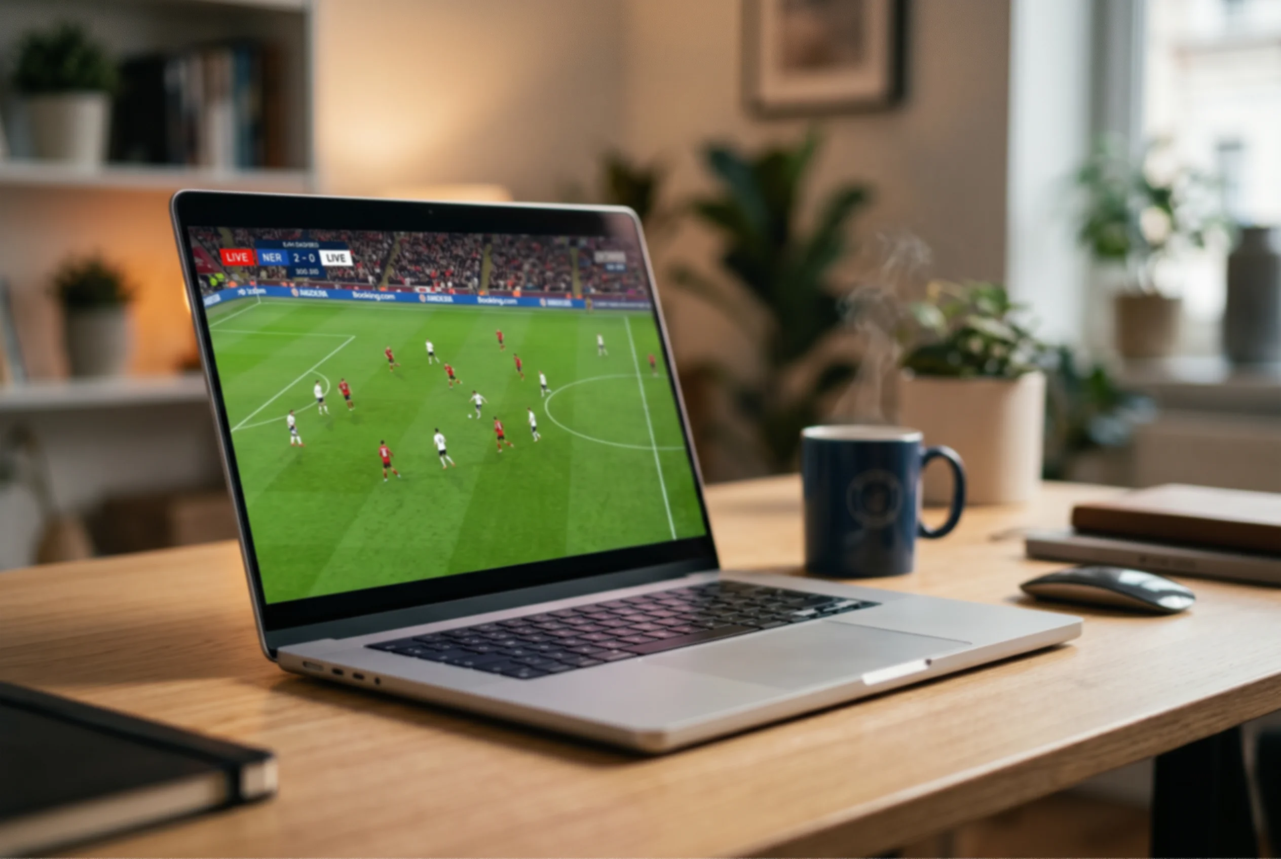 Sledování živého sportovního přenosu na notebooku v prostředí sázkové kanceláře