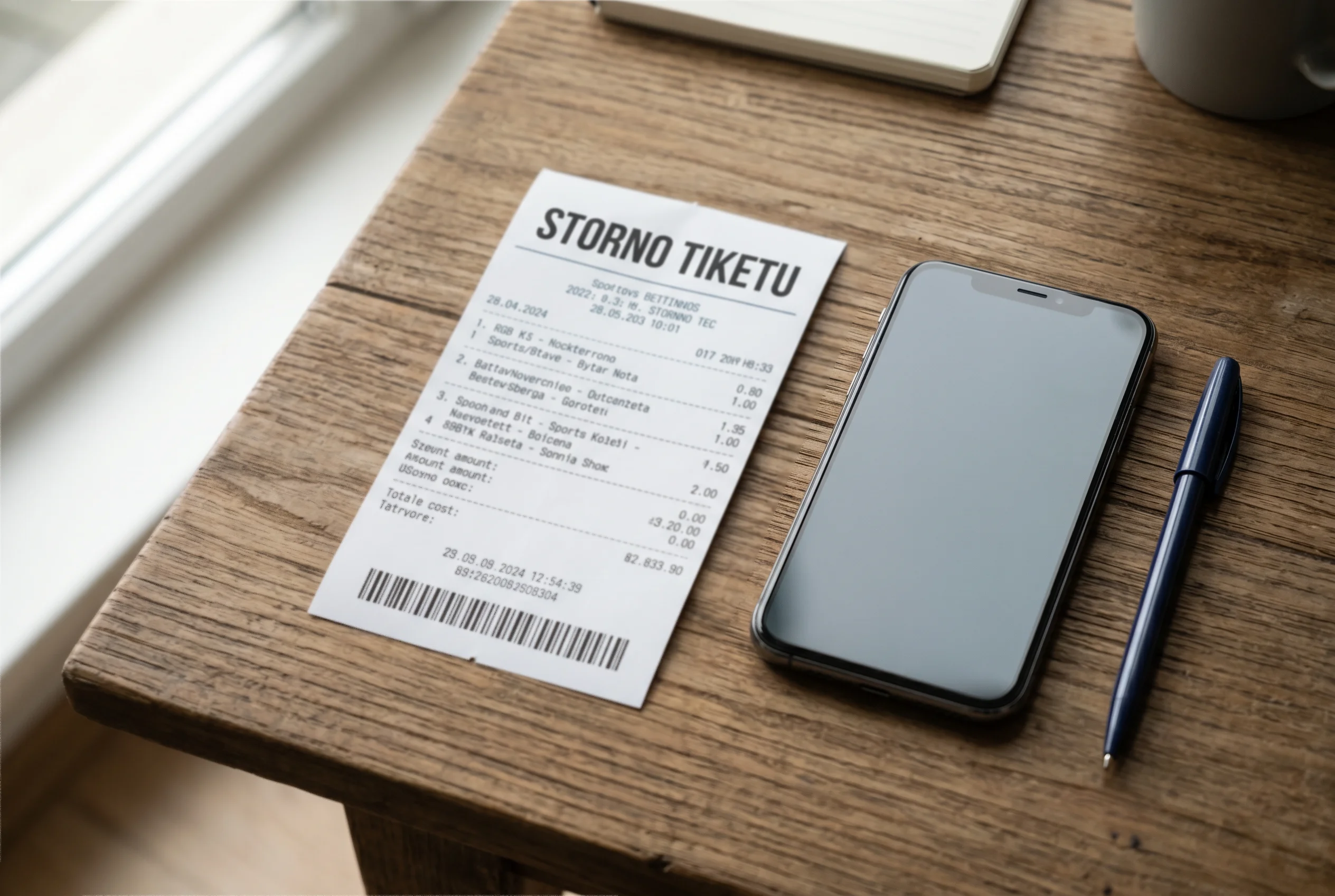 Sázkový tiket položený na stole vedle mobilního telefonu