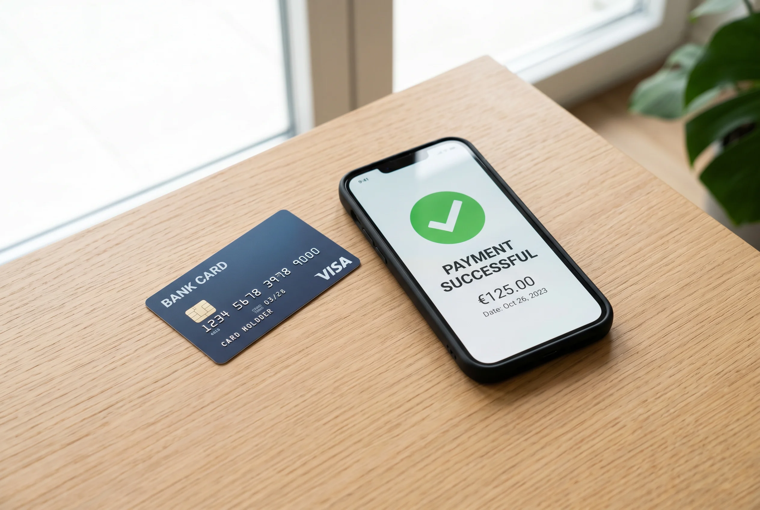 Platební karta a smartphone na stole při online platbě